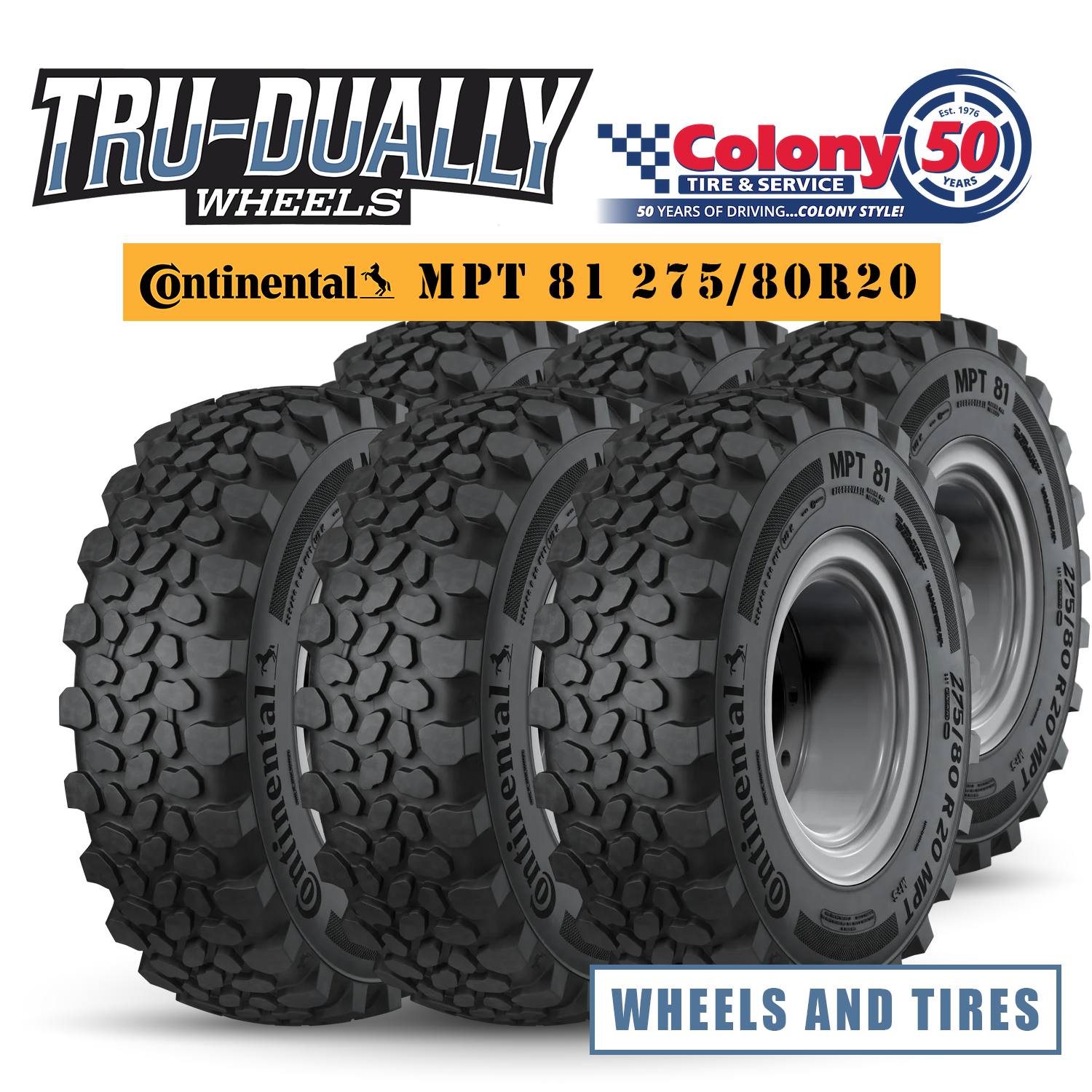 8x225 Ford F-450 1999-2004 Tru-Dually MPT Wheel & Tire Set Continental MPT81 275/80r20
