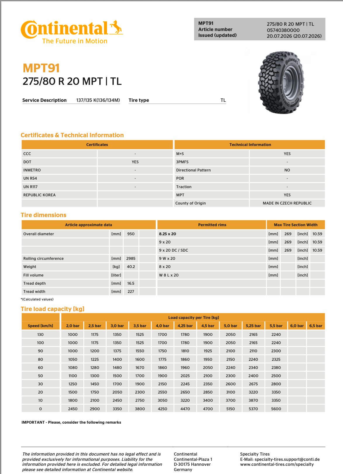 MPT 91 275/80r20 continental set on 20" 10x225 Tru-dually  Ford F-450-600 Dodge 4500-5500  10x225